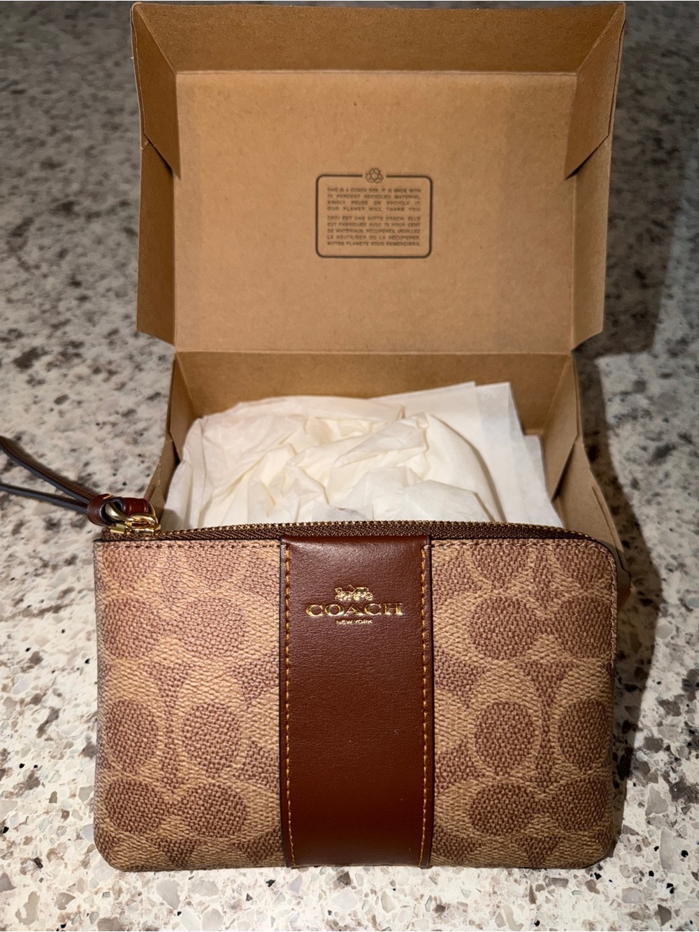 Coach Corner Zip Wristlet Signature Canvas Brown Leather Wallet CW854